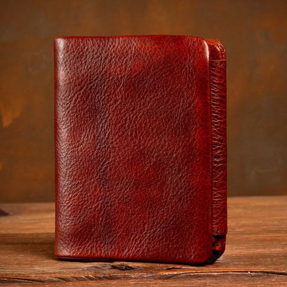 Men's Hand-Rubbed Genuine Leather Short Wallet Top-Grain Vegetable-Tanned Zipper Wallet with Driver's License Card Holder