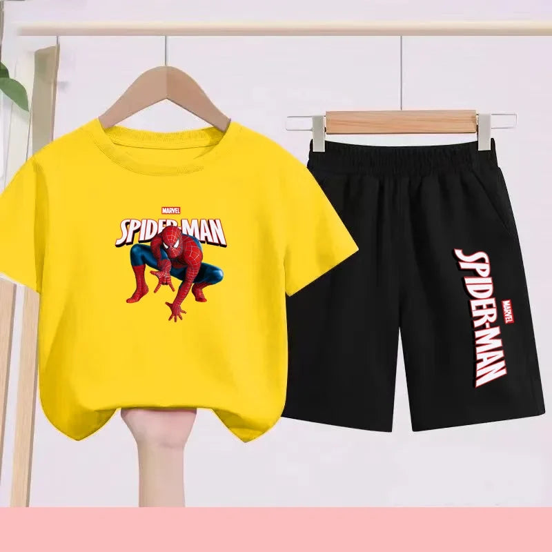 2026 Children's Sports Outfit with Spider Pattern Cartoon Print - T-shirt + Shorts Set, Suitable for Children Aged 3 To 13.