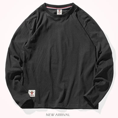 Autumn American Retro Long Sleeve O-neck Solid Color T-shirt Men's Fashion Simple 100% Cotton Washed Old Casual Bottoming Tops