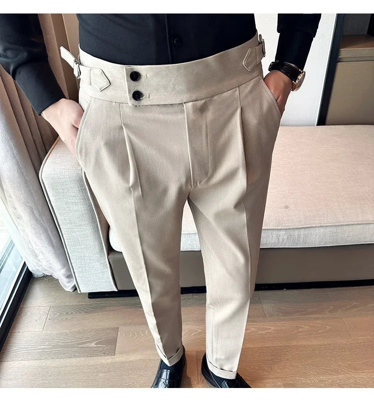 Autumn Winter High Waist Business Dress Pants Men Casual Belt Design Slim Suit Pants Formal Wedding Social Party Male Trousers