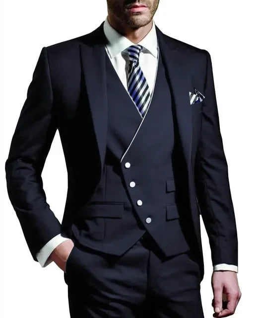 Men wedding Suit Notched Lable Navy Groomsuit Blazer One Button Formal Business Suits Tuxedo ( Blazer+vest+Pant) suits For Men