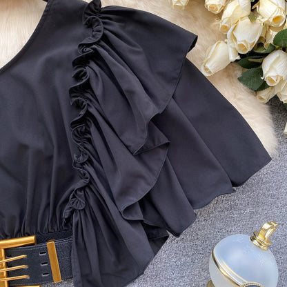 American Chic Blouse for Women Flounced Edge Skew Collar Bare Midriff Belt Skinny Shirts Summer Casual Female Tops Dropshipping
