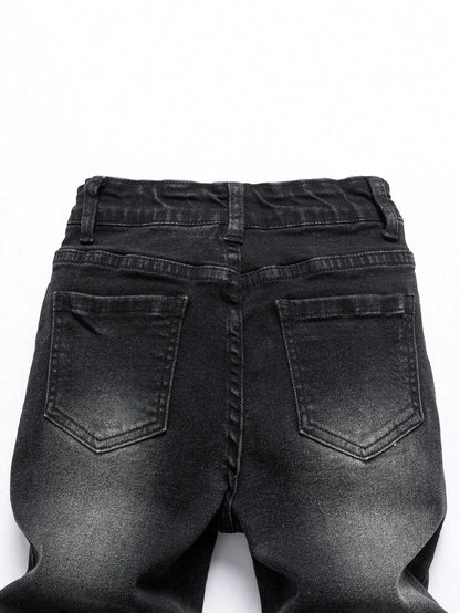 1-Piece Men's All-Season Snowflake Washed Fashion Jeans, Stretchy Slim-Fit Light Gray and Dark Black Casual Denim Pants, Minimalist Fashion, Suitable for Everyday Wear