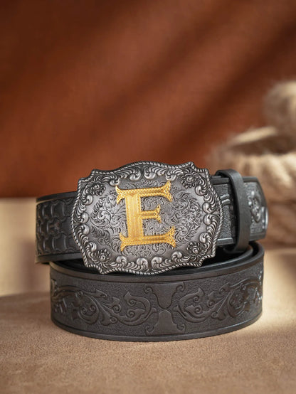 Western Cowboy PU Leather Belt - Men Waist Strap Bull Decoration Floral Engraved for Jeans