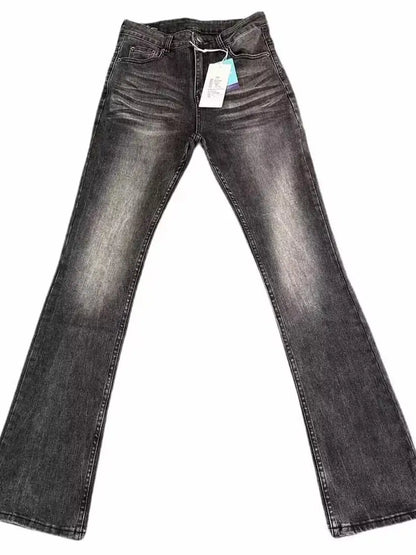 High Street Washed Black Grey Jeans Men Summer Slimming Tall Micro Flared Pants Youth Trendy Long Jeans High Waist