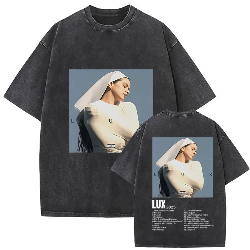 Rosalia Lux Tour Album 2025 Vintage Washed T Shirts Men Women Casual Oversized Cotton T-shirt Fashion Pop Print Clothing Tshirt