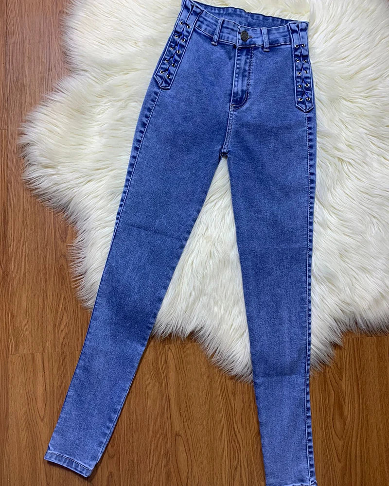 New Slim Fit Pants Fashion Jean Women's High Waist Personalized Stretch Jeans Trousers Push Up Tummy Control Sexy Legging Traf