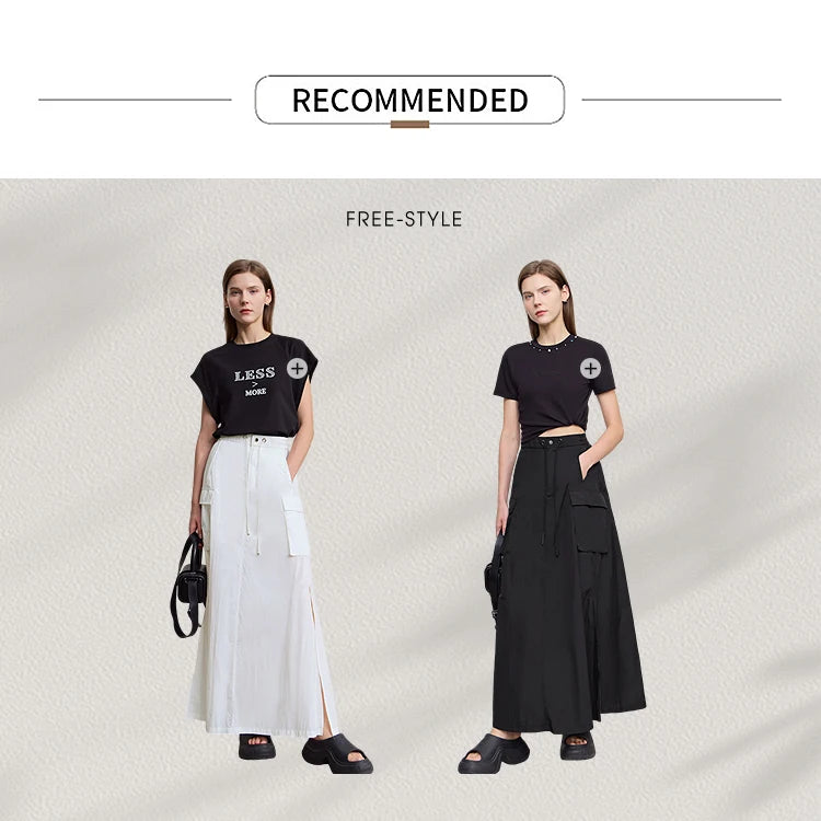 Vacation Long Skirt 2025 Summer Women Loose Sun Protection Office Lady Solid Pockets Elastic Waist Cord Slit Skirt 12542106