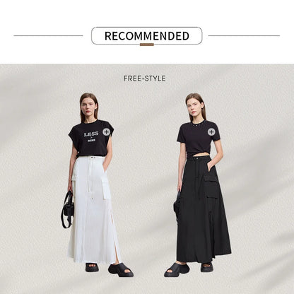 Vacation Long Skirt 2025 Summer Women Loose Sun Protection Office Lady Solid Pockets Elastic Waist Cord Slit Skirt 12542106