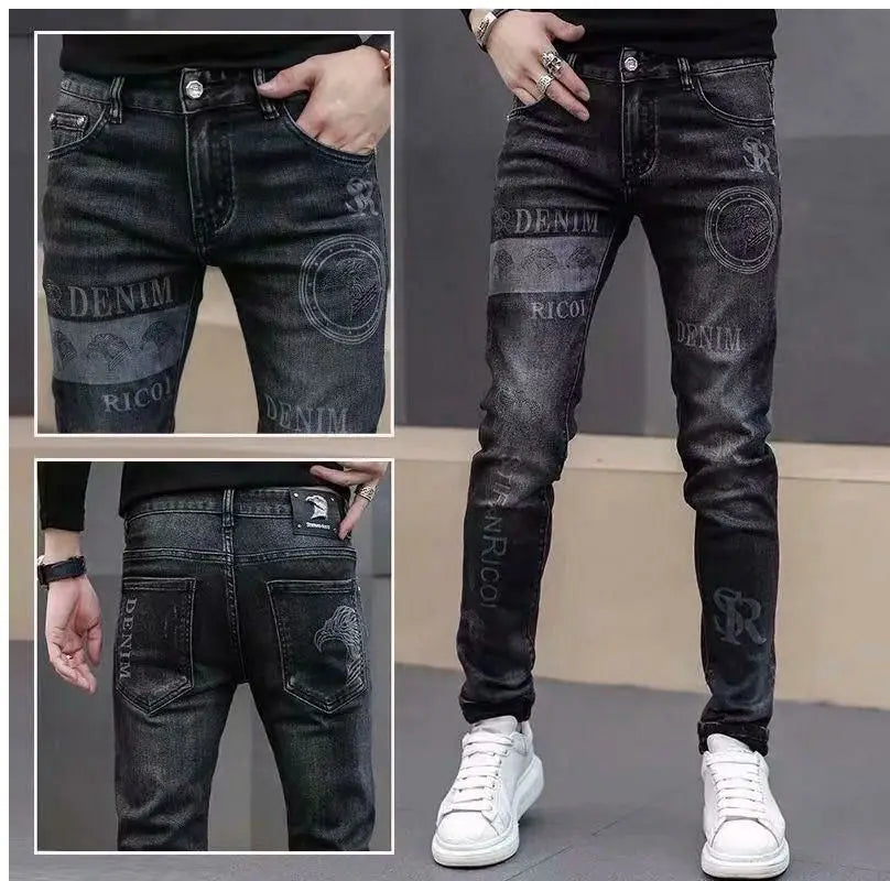 High End Stylish Classic Distinctive Printed Black Stretch Denim Jeans for Men High Quality Slim Fit Stretch Luxury Denim Pants