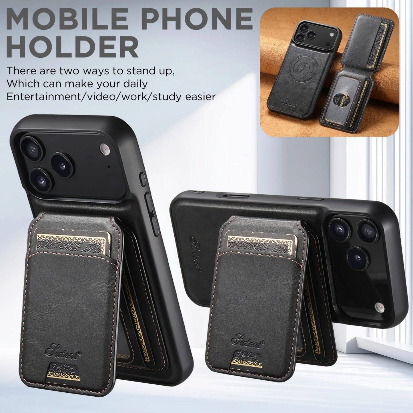 لجراب iPhone 17 Air/16E/15/14/12/13 Promax Plus اثنين في واحد، تغطية كاملة من مادة TPU مع حامل بطاقات وإدخال بطاقة مغناطيسية وجراب جلد