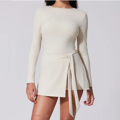 Womens High Neck Tennis Dress Long Sleeve Sarong Wrap Skirt Built in Shorts Golf Athletic Dress Workout Rompers
