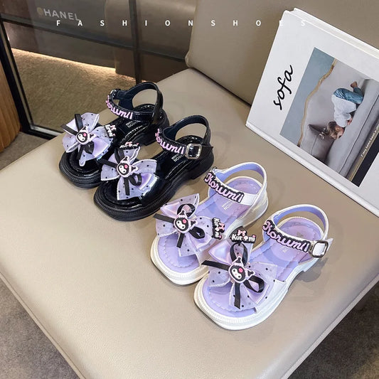 Kids'Sandals Kuromi PU Leather Bow Flat Spring Shoes For Girls Anti-slip Soft Thick Bottom White Black Shoes Size 25-36