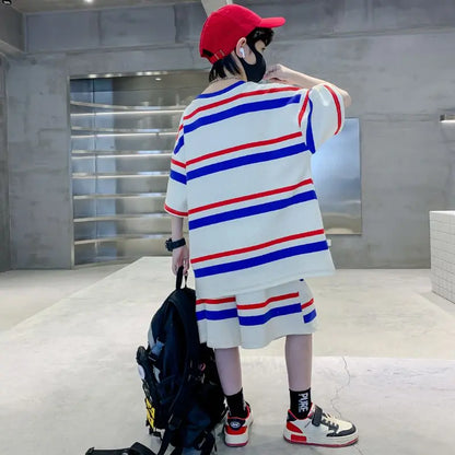 Striped Short-sleeved Sportswear Summer Suit for Boy Set Children From 4 Years Old Tees Kids Clothes Boys Children's Costumes 11