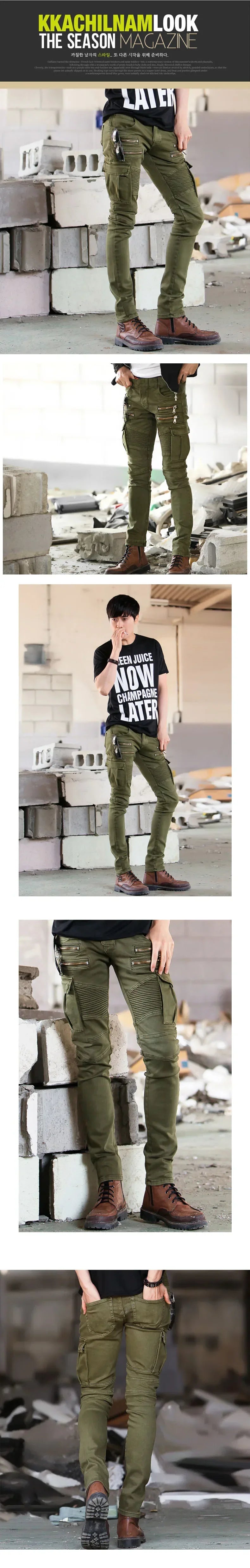 Fashion Fold Men Jeans Stretch Pleated Biker Cargo Jeans Zipper Skinny Slim Fit Trouser Hiphop Punk Multi Pocket Denim Pant Male