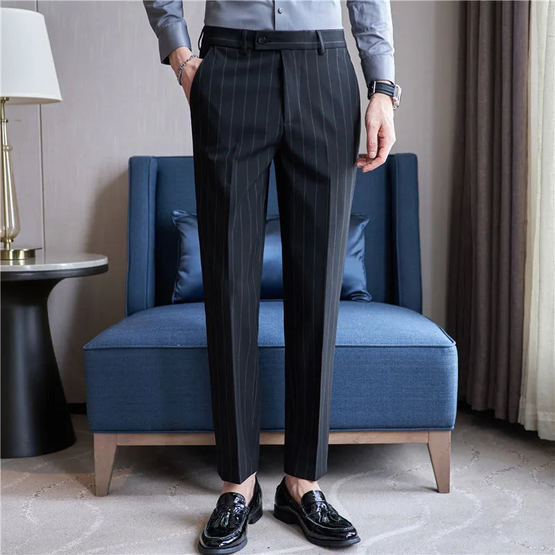 Autumn New Fashion Stripe Men's Suit Pants High Quality Straight Long Classic Business Elegant Slim Fit Casual Trousers 38-29