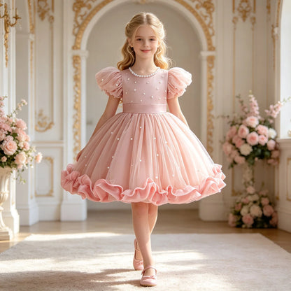 Summer Flower Girls Dress Elegant Imitation Pearl Birthday Party Prom Dress Girl Tulle Wedding Bridesmaids Pageant Princess Gown