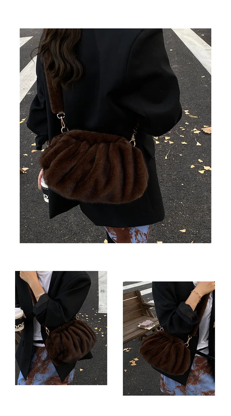 New Womens Shoulder Bag Fluffy Crossbody Bag Vintage Faux Fur Cloud Purse for Autumn Winter Commuting Simplified Storage Bags