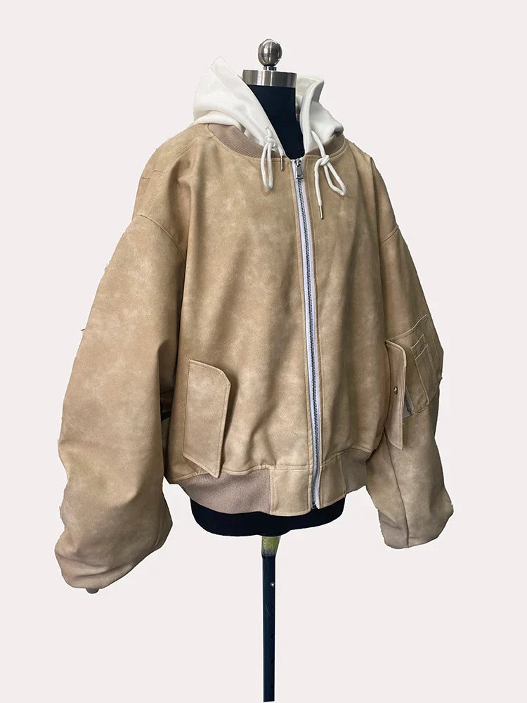 Spring Oversized Vintage Black Faux Suede Leather Jacket Men Zipper Fake 2 Piece Luxury Designer Clothes Hoodie 2024