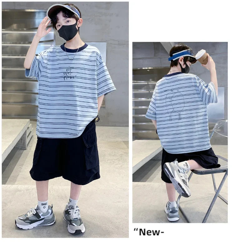 2026 Kids Top and Bottom Clothes Summer Set For Tweens Boys Casual Striped Tracksuit Outfit Children Cargo Clothing 2PCS Suit