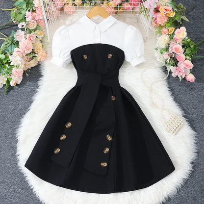 2025 Vintage Elegant Kids Girl Dress Summer Short Sleeves School Graduation Birthday Party Children Dresses 7 8 9 10 11 12 Yrs