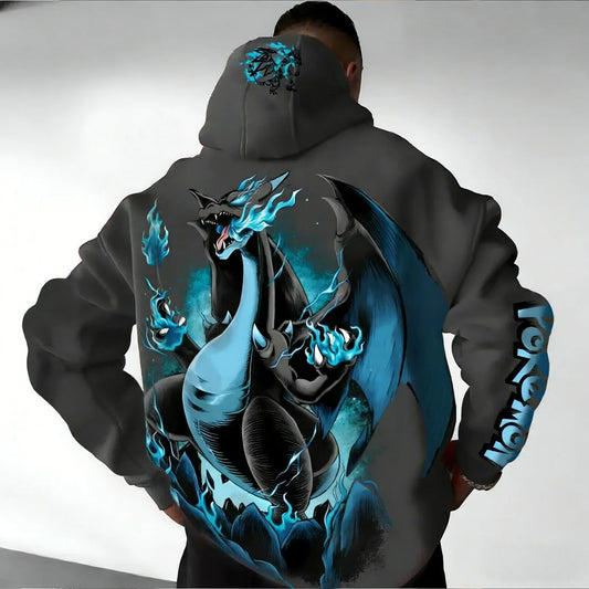 Pokemon Anime Charizard Cotton Hoodie and Harajuku Pants Set Gray Character Print Two Piece Outfit Casual Streetwear Loungewear