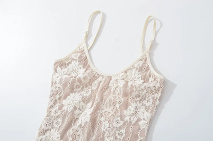 Sexy See Through Lace With Lining Backless Spaghetti Strap Bodysuit Woman Sling Tight Short Jumpsuit Slim Fit Rompers Playsuits