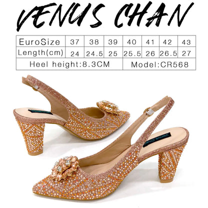 Elegant Woman Heel Shoes INS Style Pointed-Toe Rhinestone Pumps African Ladies Italian Shoe and Bag Set Designer 2024