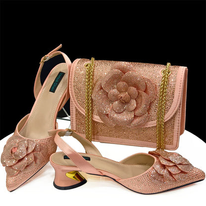 Fashion Ladies Evening Shoes And Bags Paired With Handmade Petal Wine Color Pointed Toe Mid-Heel Nigerian Women Party Shoes