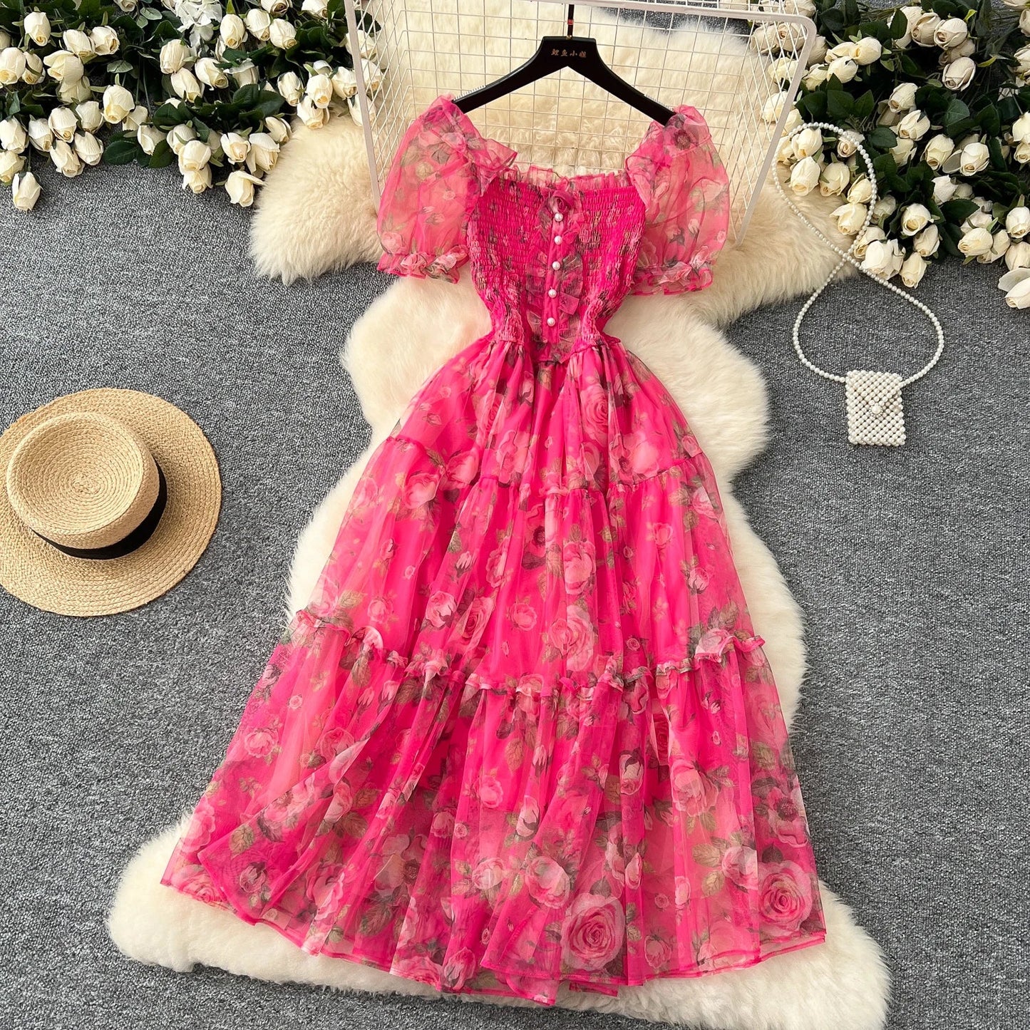 Retro Floral Chiffon Dr Women's Waist Cinched Bubble Sve Me Skirt Tea Break Gentle Soft Sle Korean High Waist A-Lin...