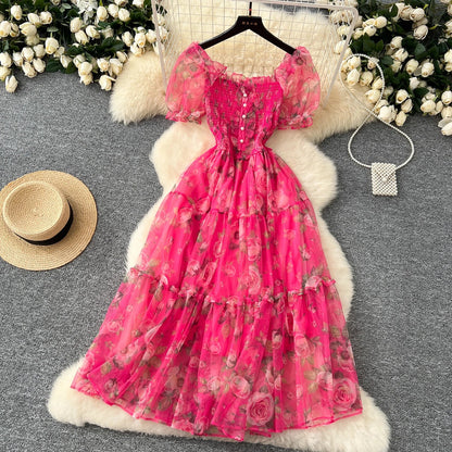 Retro Floral Chiffon Dr Women's Waist Cinched Bubble Sve Me Skirt Tea Break Gentle Soft Sle Korean High Waist A-Lin...