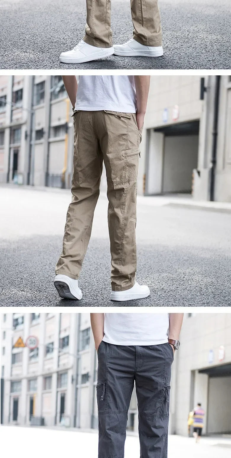 Casual Pants Men's Cargo Trousers Straight Leg Work Pants Men Cotton Casual Loose Spring Summer Wide Overalls Male Multi Pockets