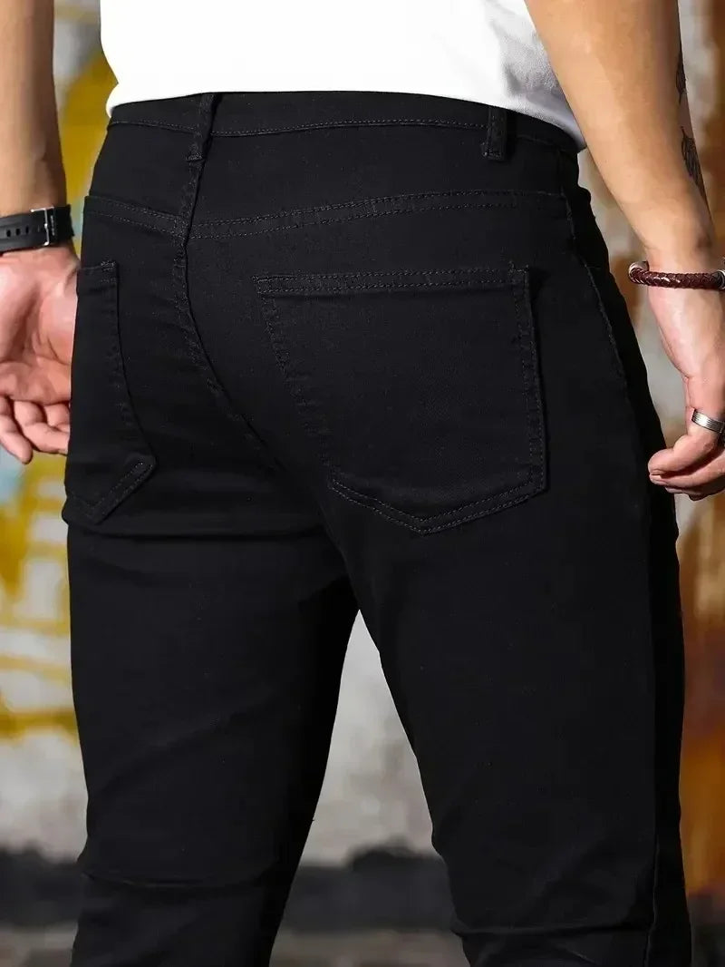 Men Jeans Stretch Skinny Denim Pants Solid Color Black Blue Spring Luxury Street Harajuku Hip-Hop Style Slim Fit Trousers Brand