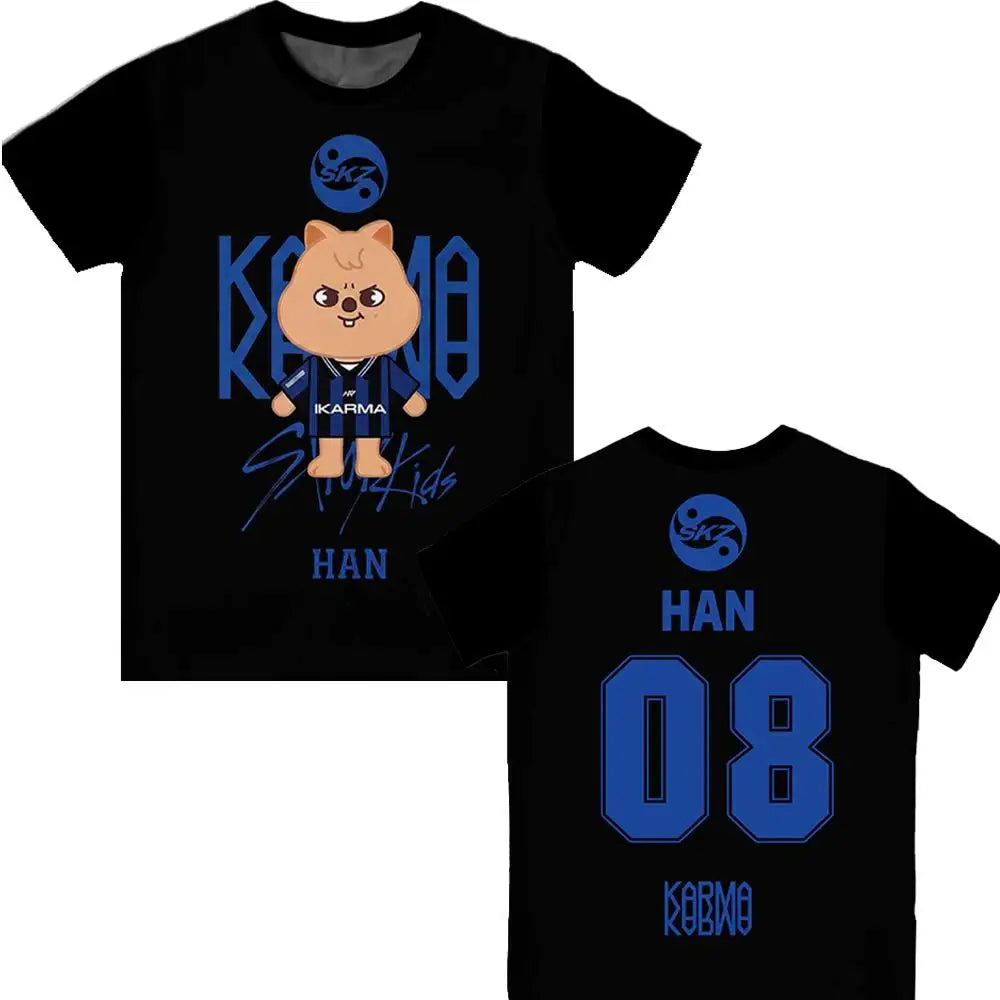 2026 New KPOP KARMA Fan Support T-Shirt Korean Fashion HYUNJIN Cartoon Print Tee Men's Women's Y2K Harajuku Style Round Neck Top