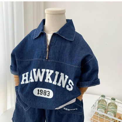Boys Cotton Summer Suit 2026 New Baby Fashion Print Clothes Children Korean Handsome Short-sleeved Shirt + Denim Shorts 2pcs Set