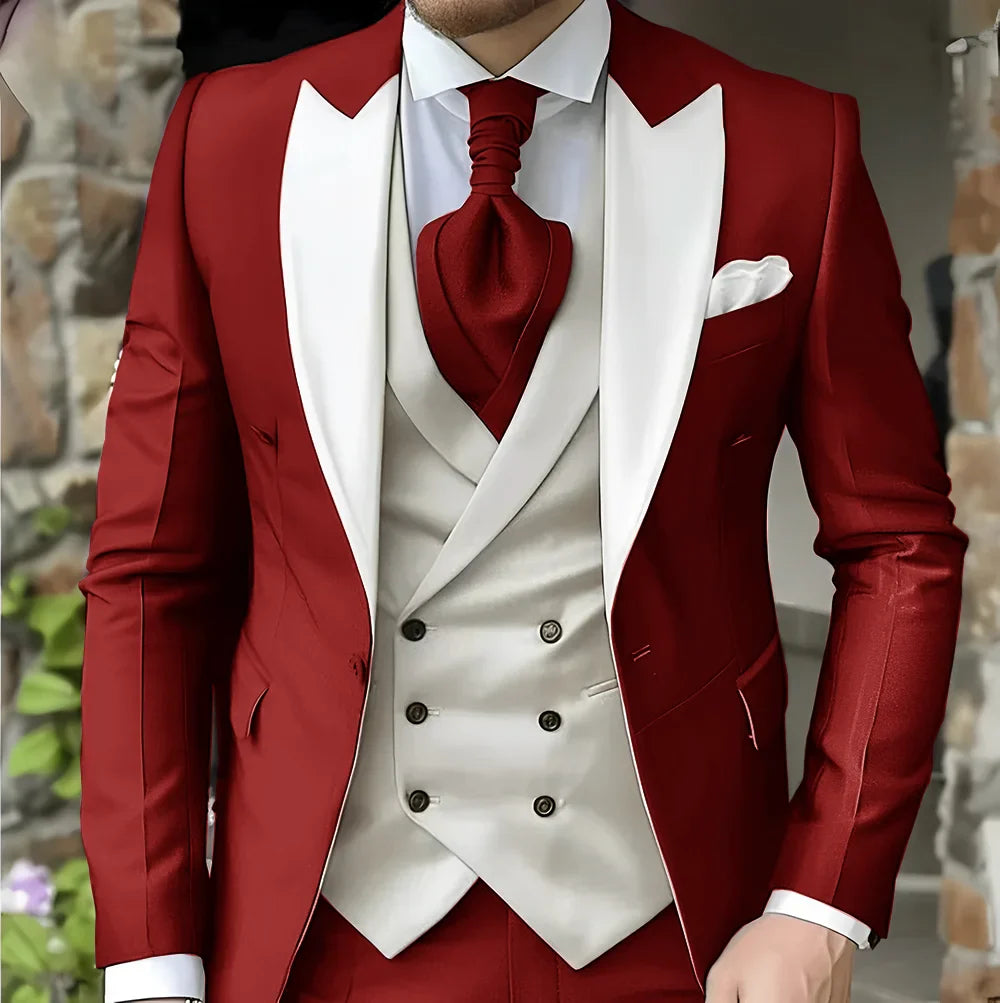Men's Elegant Peak Lapel Tuxedo 3-Piece Suit with Blazer Vest Formal Men's Suit for Business Prom Business Dinner