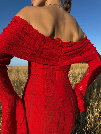 White Maxi Wedding Guest Dress Women 2025 Elegant Off The Shoulder evening party dresses red lace flare sleeve dress