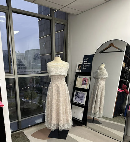 Champagn Tulle Evening dresses Off the Shoulder A-line Vestidos De Fiesta Elegant Long Sleeves Ankle-length  فساتين سهرة