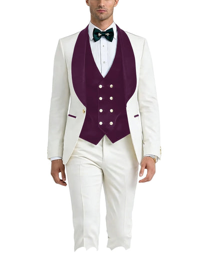Men White Tuxedo Suit 3 Piece Shawl Lapel Slim Fit 1 Button Velvet Collar Patched Blazer Vest Pants Set for Wedding Party Groom