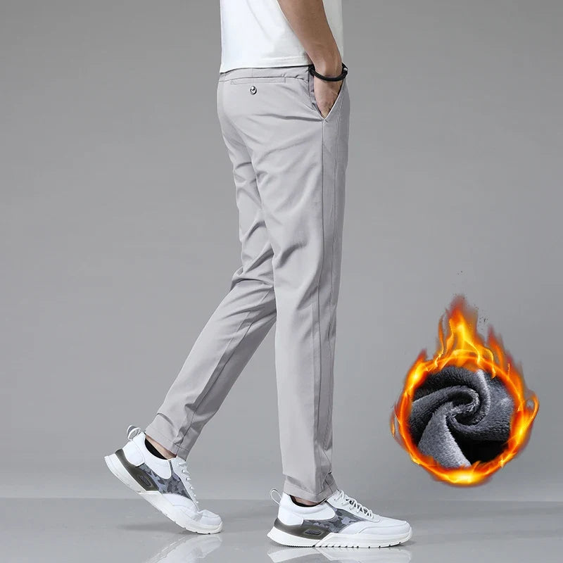 Korean Men's Warm Golf Pants Slim Straight Winter Thick Fleece Casual Pants Business Fashion Stretch Thermal Trousers Male