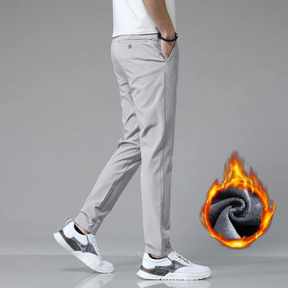 Korean Men's Warm Golf Pants Slim Straight Winter Thick Fleece Casual Pants Business Fashion Stretch Thermal Trousers Male