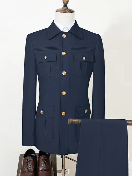 blue Elegant Men's suit Classic Fit Multi Buckle Multi Pocket  Casual Business Set Men's 2-piece Set