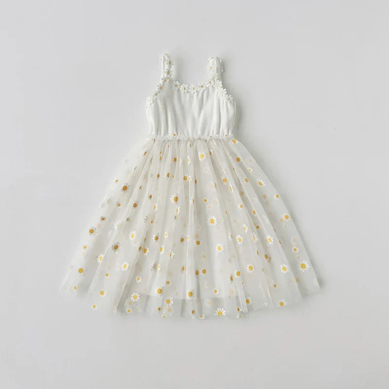 Girls Casual Dresses Little Daisy Flower Mesh Dress for Girls Summer Camisole Pompadour Dress Girls Clothes for2 To 7 Years