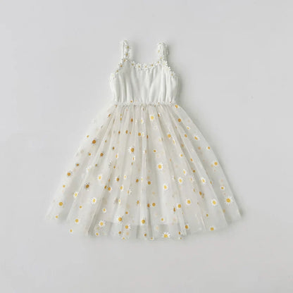 Girls Casual Dresses Little Daisy Flower Mesh Dress for Girls Summer Camisole Pompadour Dress Girls Clothes for2 To 7 Years