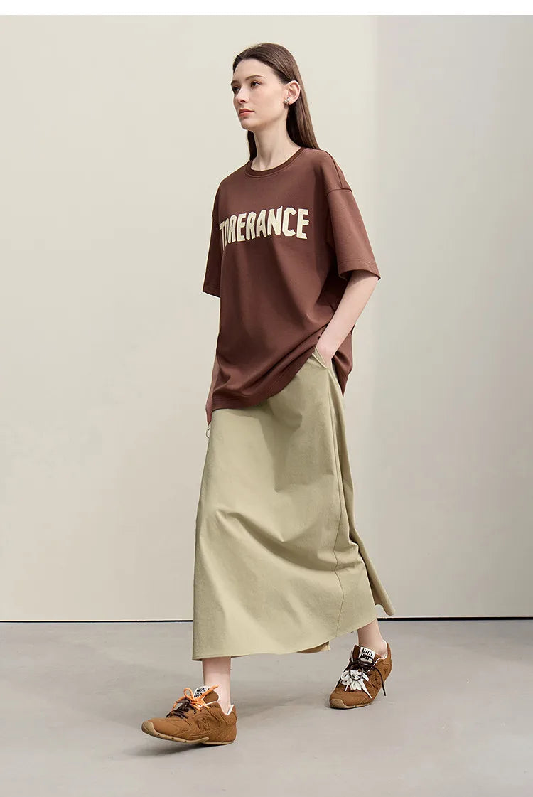 Women's Skirt 2026 Summer New Leisure Elastic Waist Slit A-Line Midi Skirt Women's Loose Embroidered Woman Clothes 12621058
