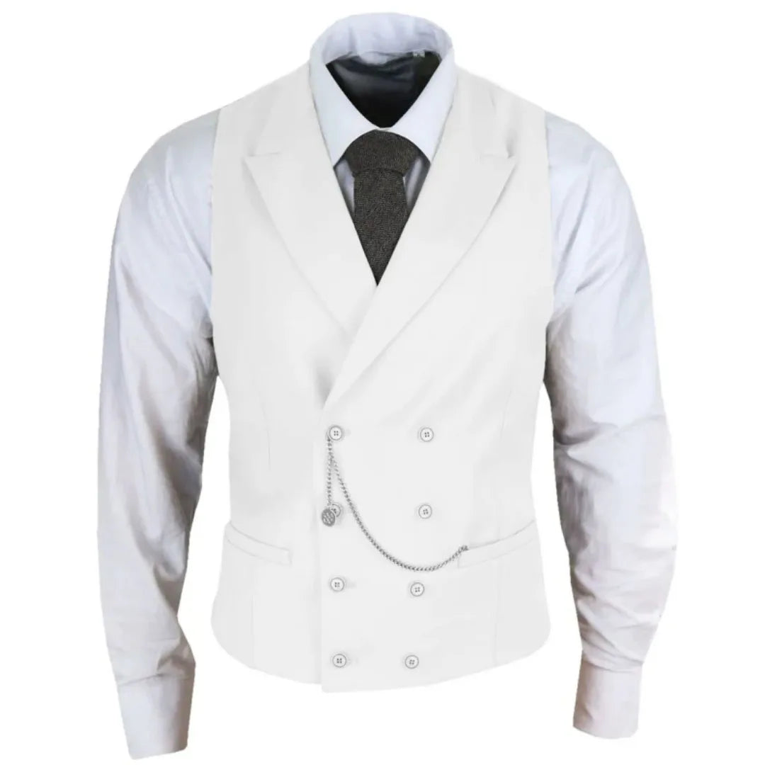 Men Vest White Solid With Lapel Double Button Waistcoat For Banquet Birthday Wedding Business Work Formal Set Men Suit Vest