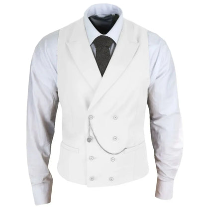 Men Vest White Solid With Lapel Double Button Waistcoat For Banquet Birthday Wedding Business Work Formal Set Men Suit Vest