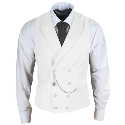 Men Vest White Solid With Lapel Double Button Waistcoat For Banquet Birthday Wedding Business Work Formal Set Men Suit Vest