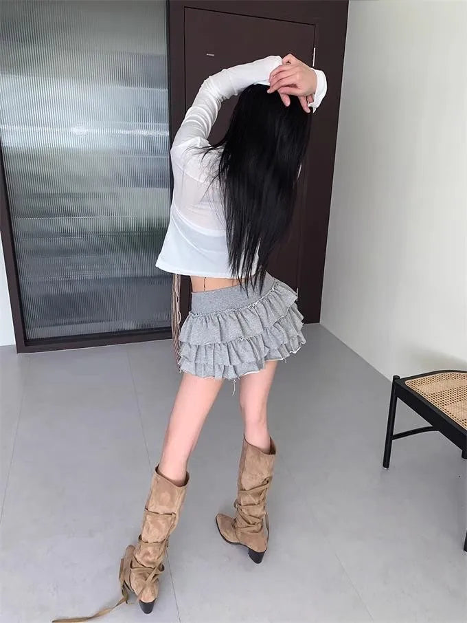 Y2k Lolita Mini Cake Skirt Soft Girl low Waist Ruffle Fluffy Fairy Skirts Summer Kawaii Cute Elegant Short Skirt Black