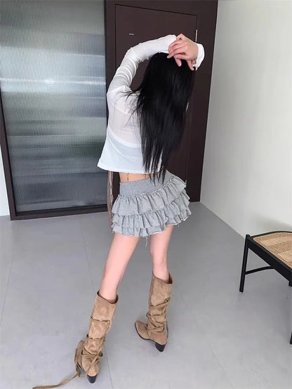 Y2k Lolita Mini Cake Skirt Soft Girl low Waist Ruffle Fluffy Fairy Skirts Summer Kawaii Cute Elegant Short Skirt Black